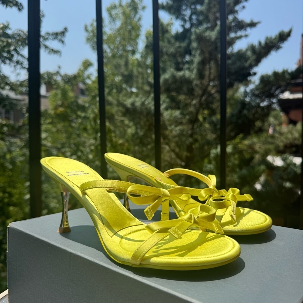 New Jeffrey Campbell Bow Bow Sandal Heels Pretty In Shoes Slip On Lime Green 7 - Picture 13 of 15